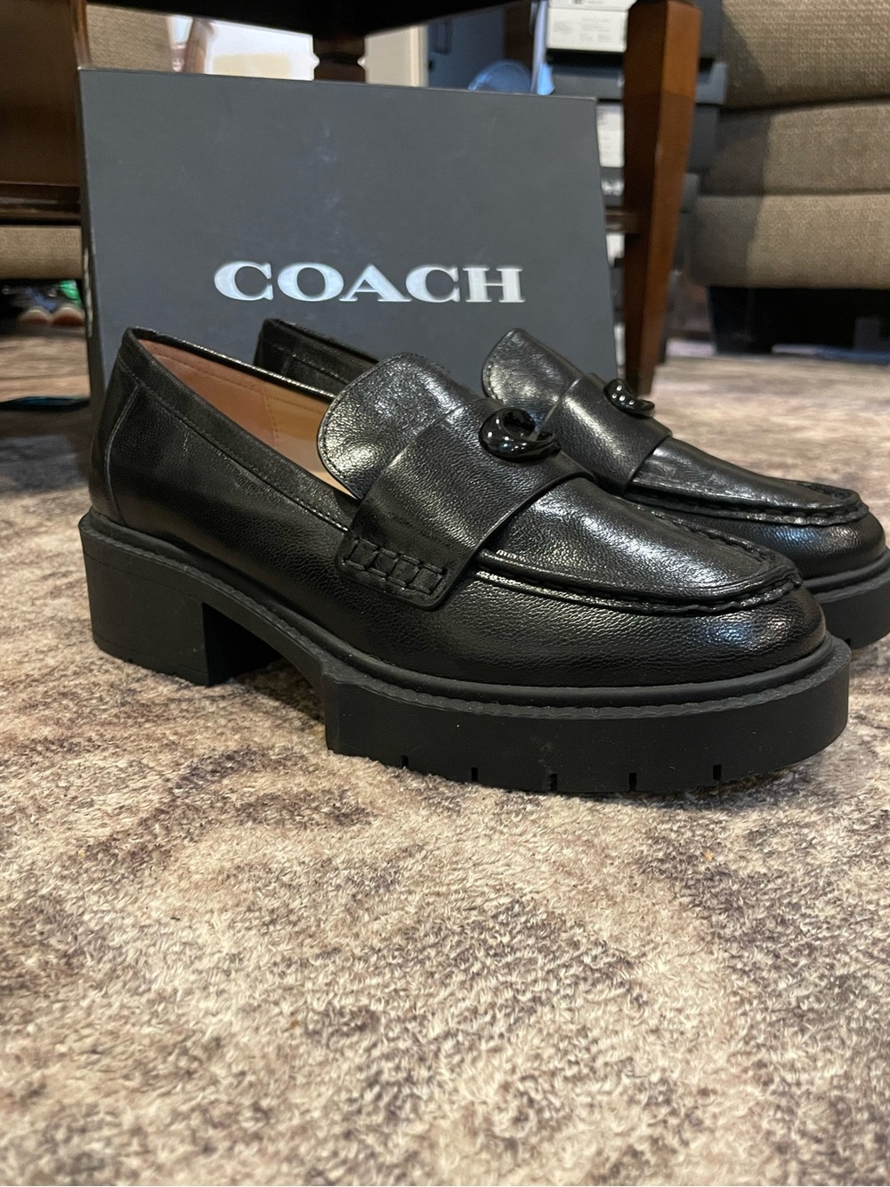 COACH Black Leather Chunky Loafers